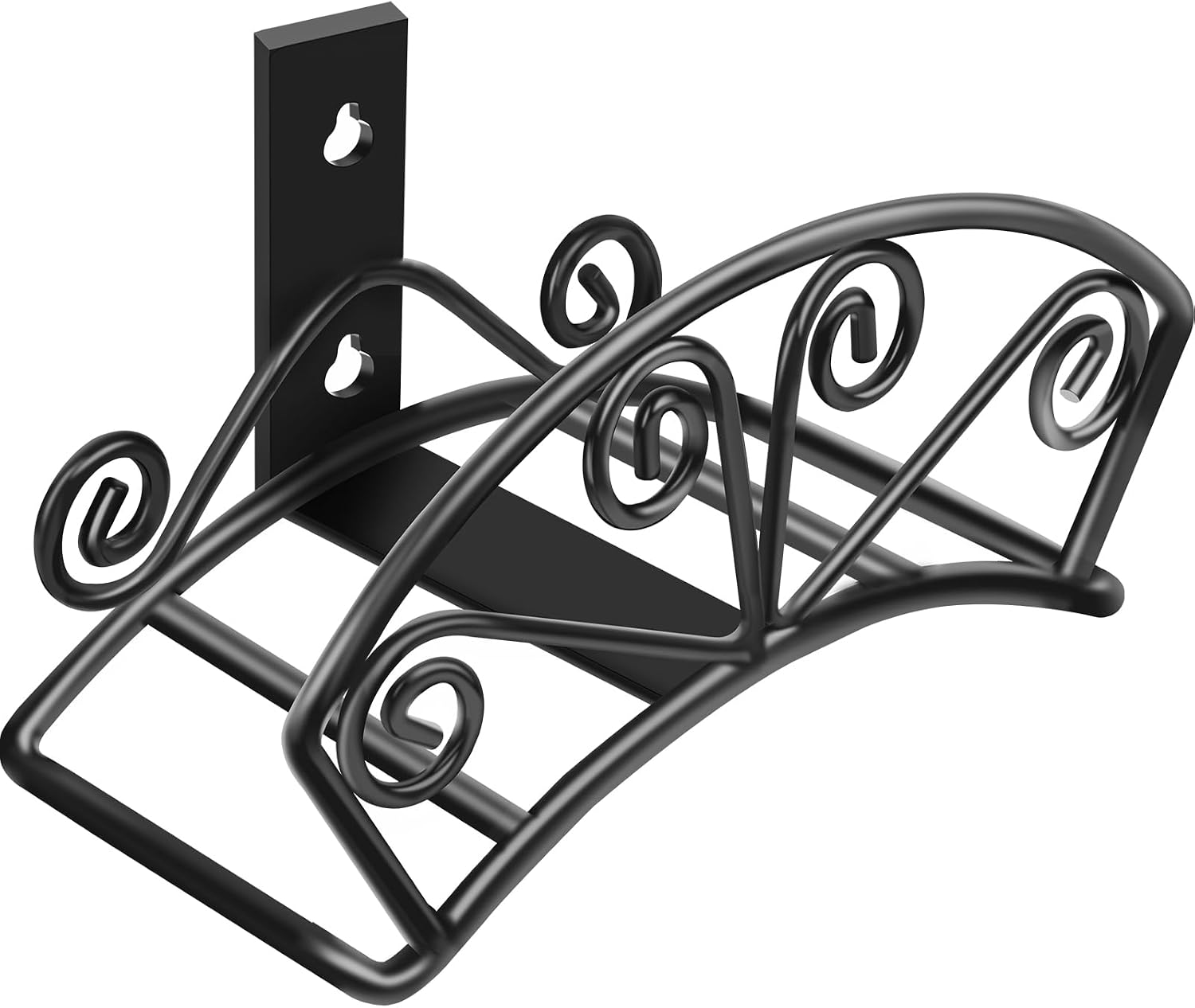 TomCare black scrolled steel wall-mounted garden hose hanger with a flat mounting plate and two keyhole screw slots