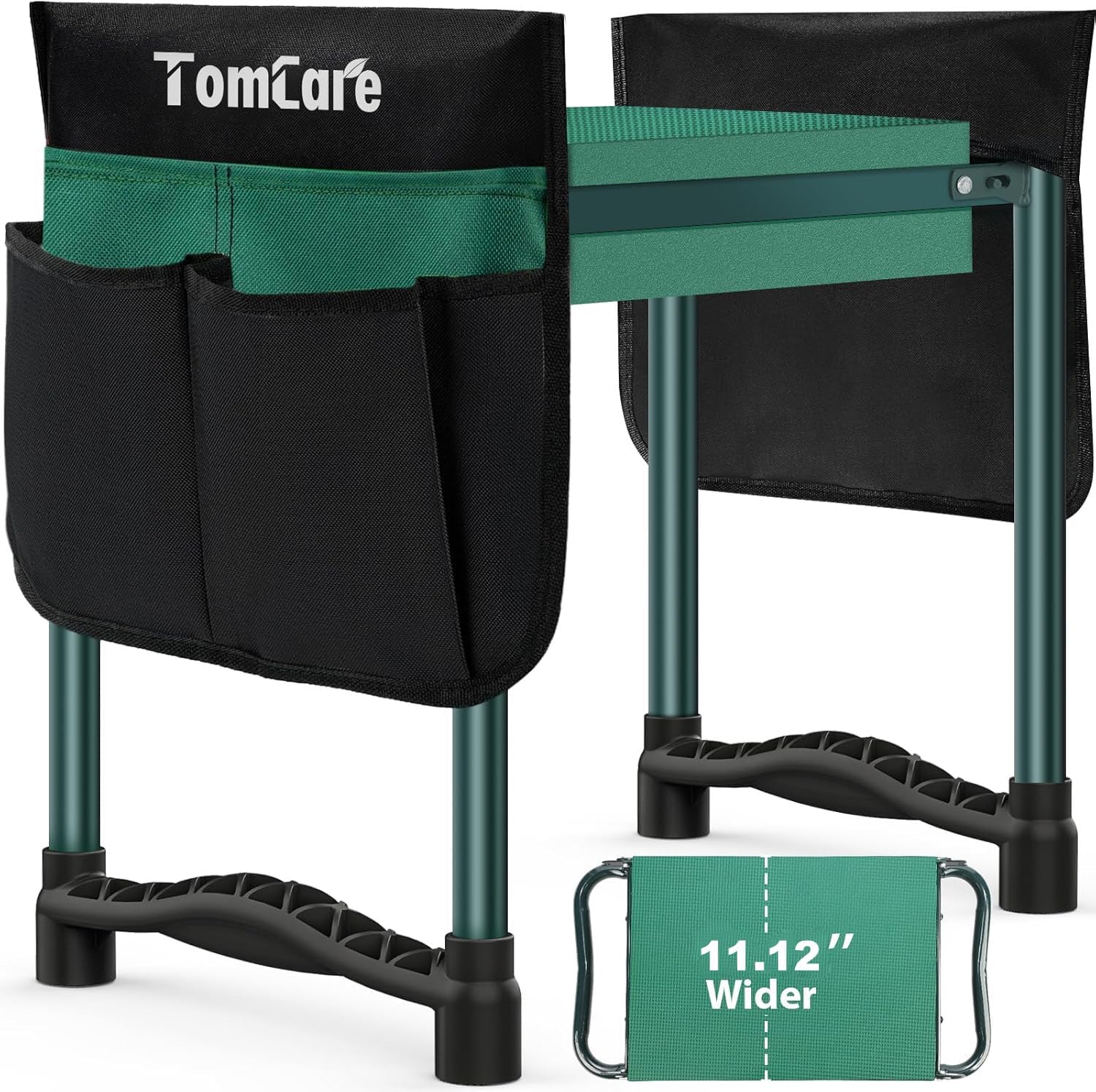 TomCare garden kneeler and seat with a dark green steel frame, green 11.12 inch kneeling pad and black canvas tool pouches