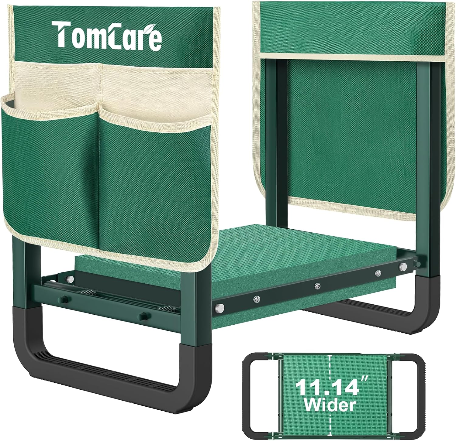 TomCare green folding garden kneeler and seat with an 11.14 inch kneeling pad and two beige-trimmed canvas tool pouches