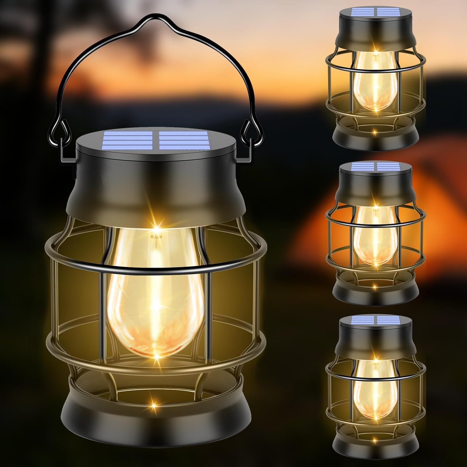 Four TomCare metal solar lanterns with black caged bodies, folding wire handles, solar panels on the lid and a warm white bulb inside