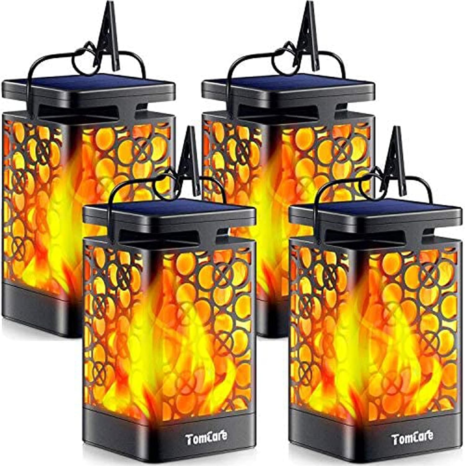 Four TomCare hanging solar lanterns with perforated black panels, a bright orange flame effect inside and a clip alongside the handle