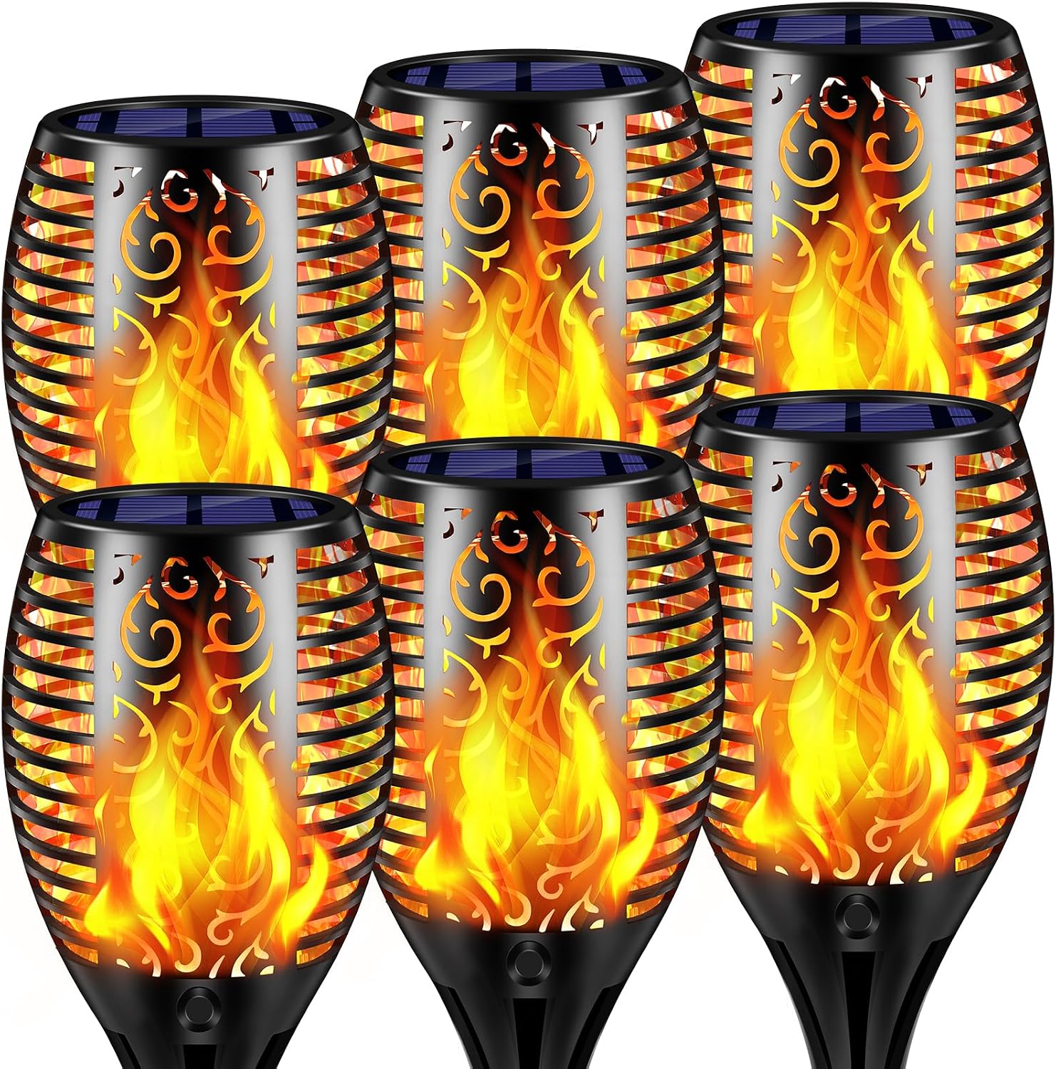 Six TomCare solar flame torch lights with black slotted housings, solar panels on top and an orange flickering flame effect inside