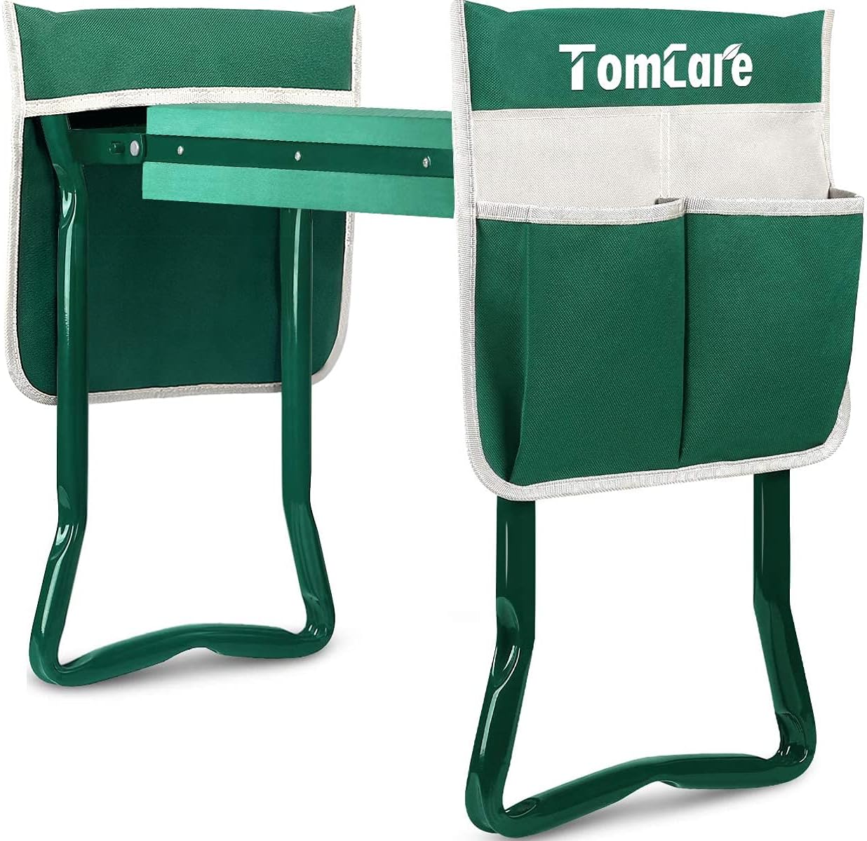 TomCare upgraded garden kneeler seat in green with a widened kneeling pad, curved steel legs and two large removable tool pouches
